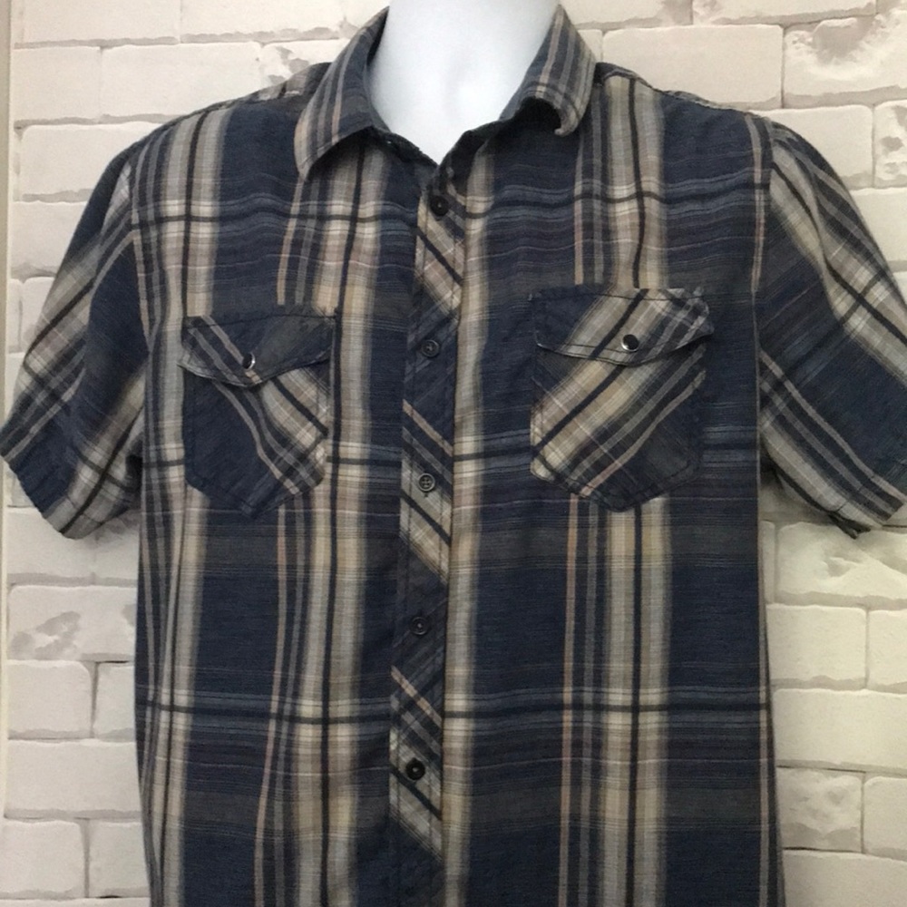 Men’s Eight Eight blue / tan / creme plaid shirt.
